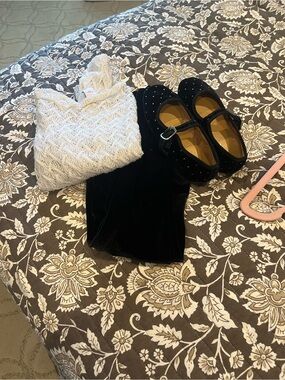 J. Crew Girls White Knit Sweater with Black Velvet Pants & Black Mary Janes